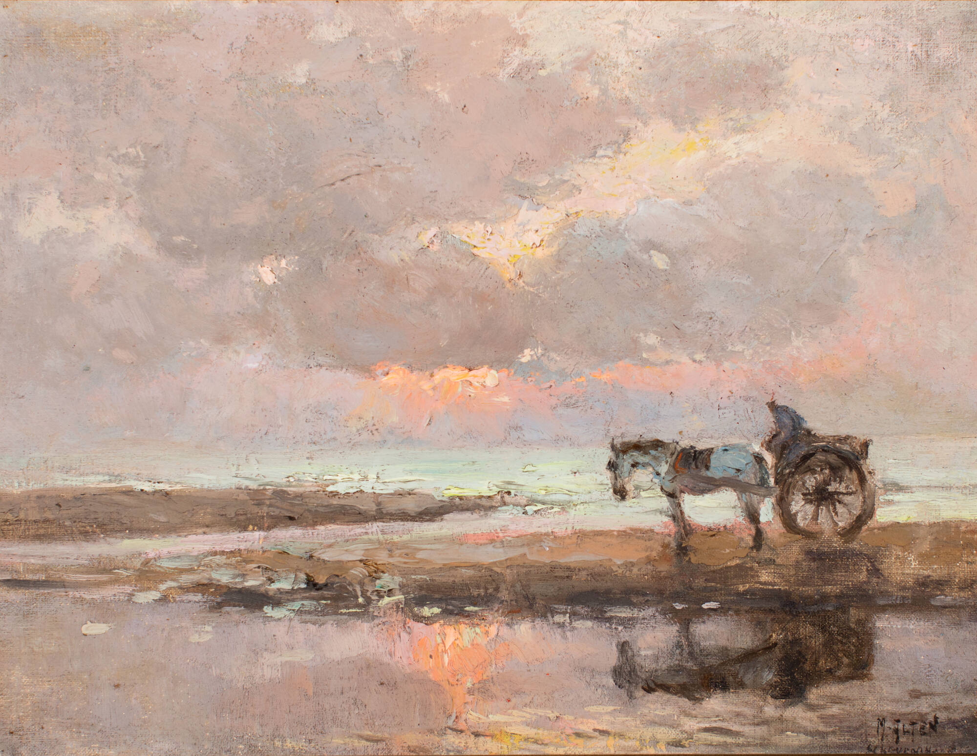 Image of a man on a cart, pulled by a horse, on a beach at sunset.